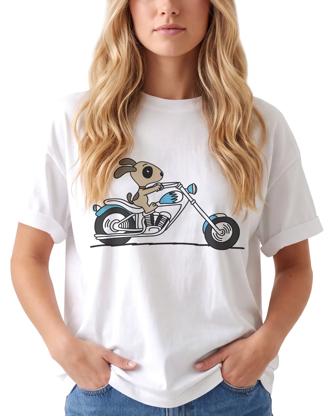 Rider Pup on a white regular tee