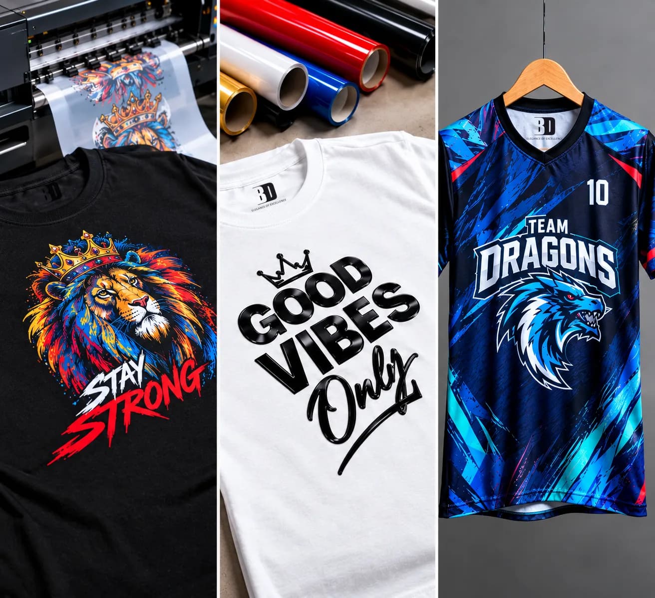 Three finished pieces: a DTF lion print coming off the printer onto a black tee, a raised black vinyl 'Good Vibes Only' on white, and a sublimated blue Team Dragons jersey.