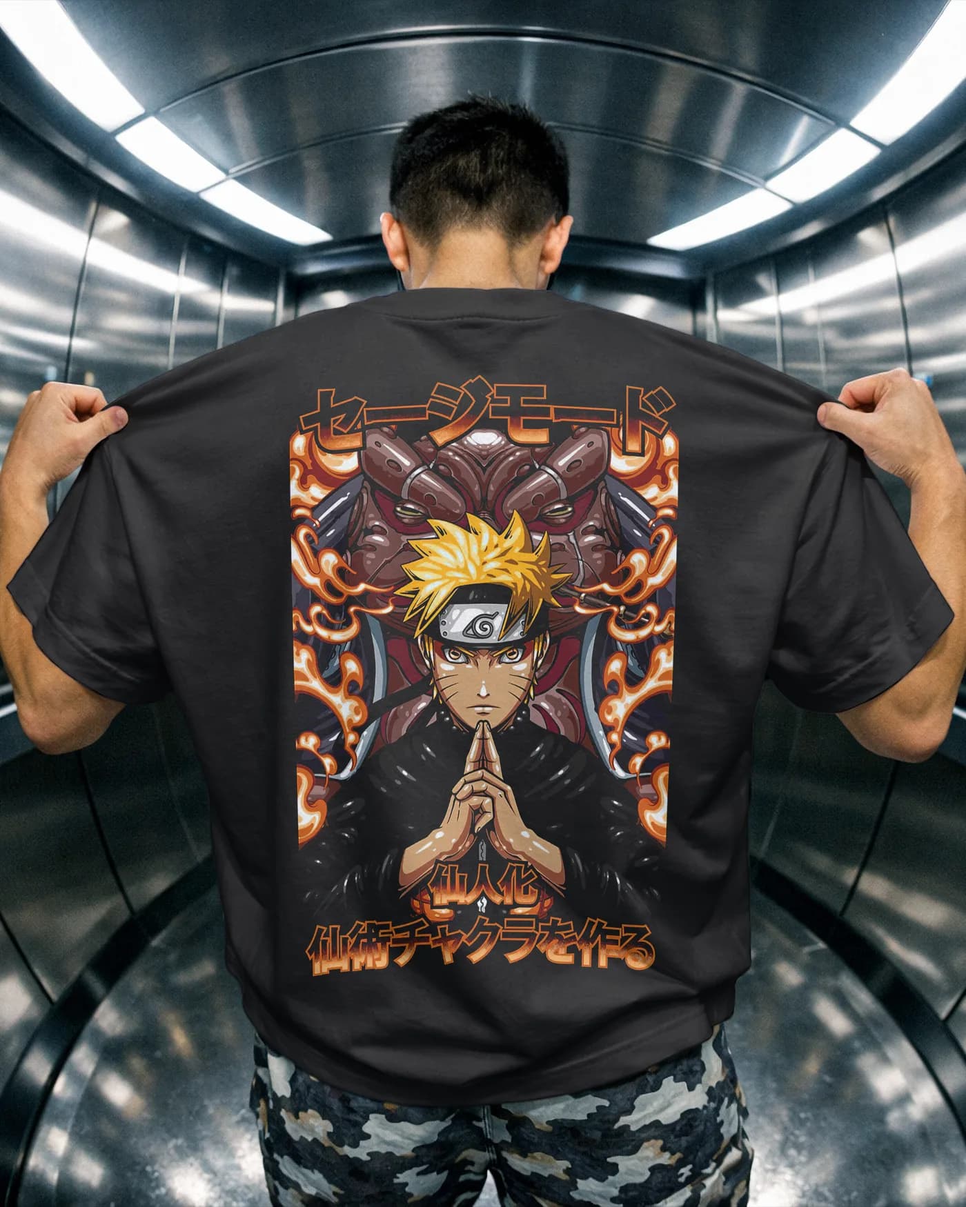 A finished print on a black oversized tee
