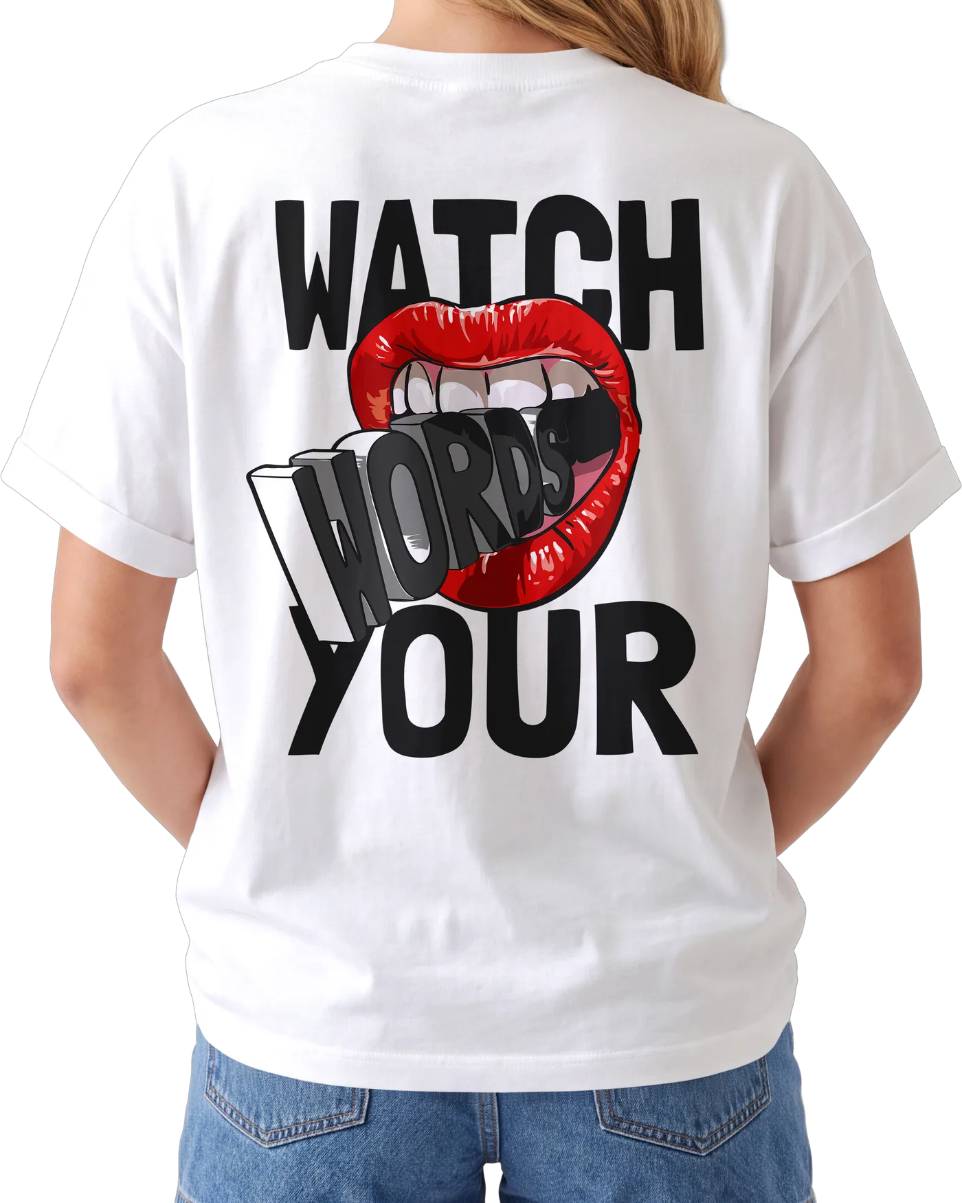 Women's Graphic Print Regular Fit T-Shirt – Watch Your Words — back print on a white regular t-shirt