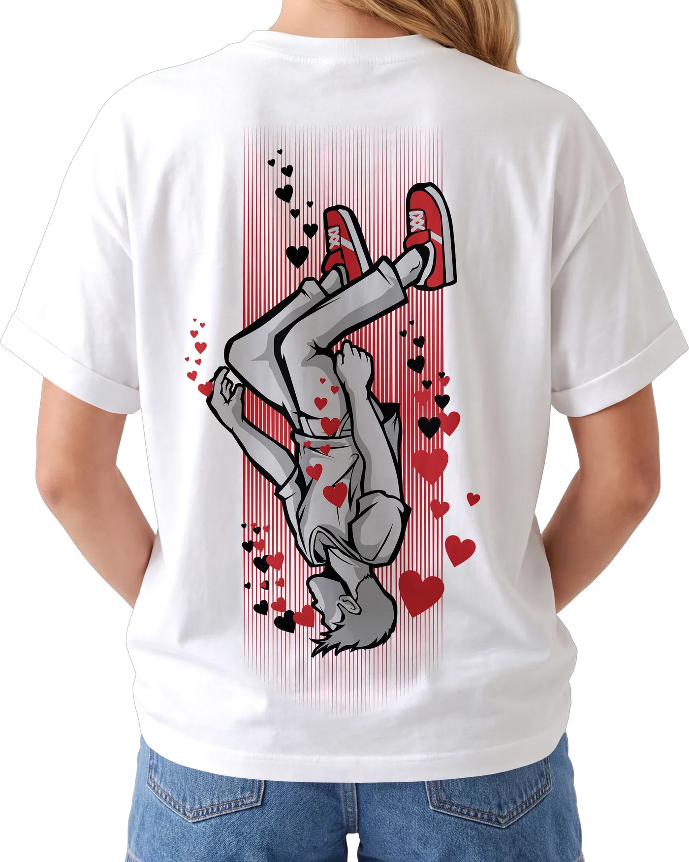 Women's Graphic Print Regular Fit T-Shirt – Fall in Love — back print on a white regular t-shirt