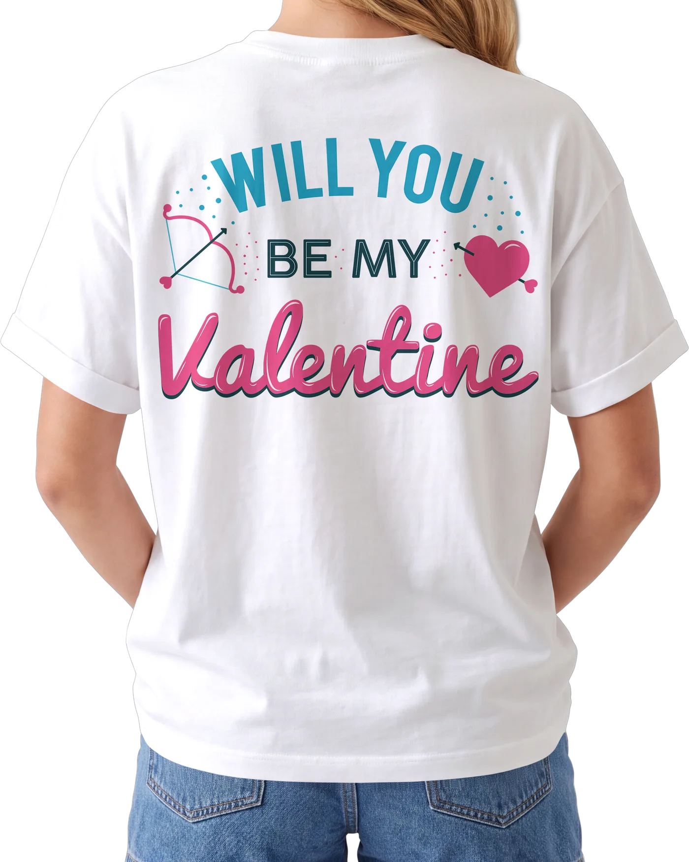 Women's Graphic Print Regular Fit T-Shirt –Will You Be My Valentine — back print on a white regular t-shirt
