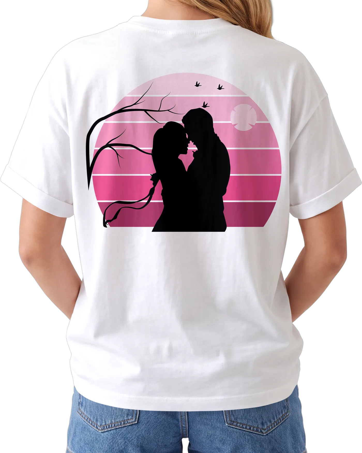 Women's Graphic Print Regular Fit T-Shirt – Romantic Sunset — back print on a white regular t-shirt