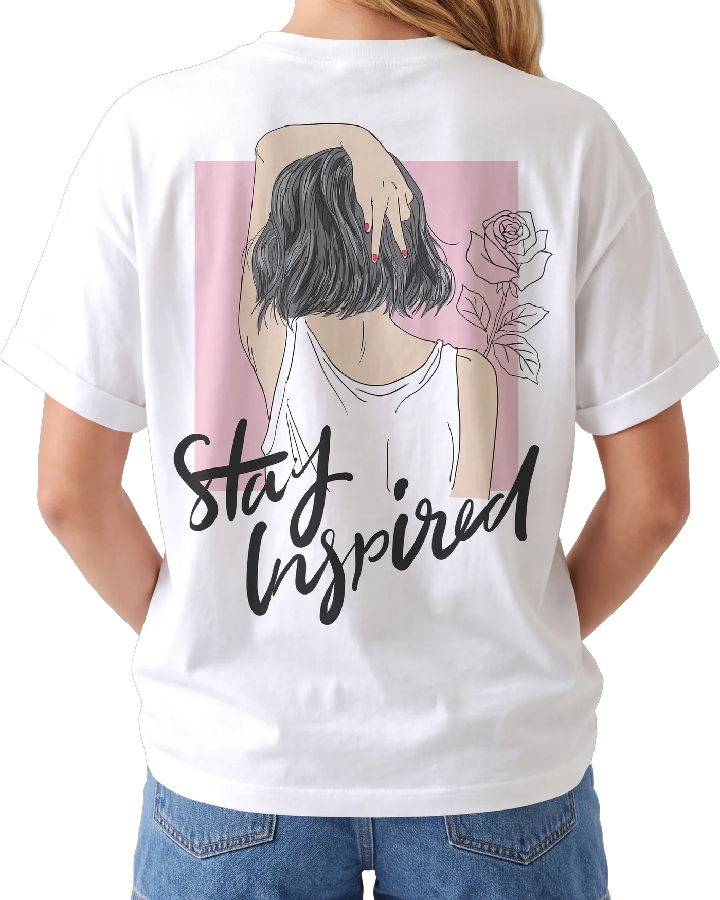 Women's Graphic Print Regular Fit T-Shirt – Stay Inspired — back print on a white regular t-shirt