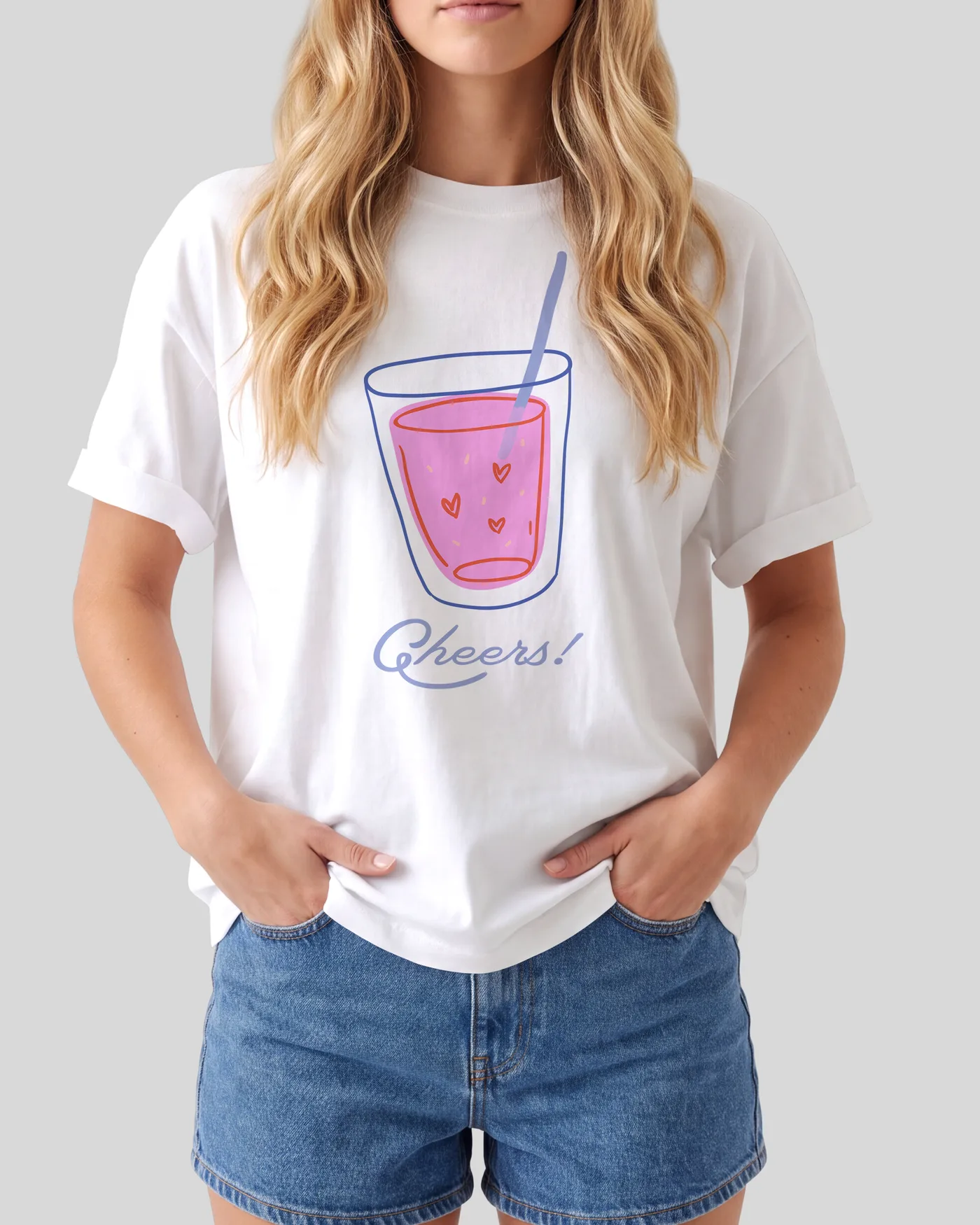 Women's Graphic Print Regular Fit T-Shirt – Frontside-Cheers — front print on a white regular t-shirt