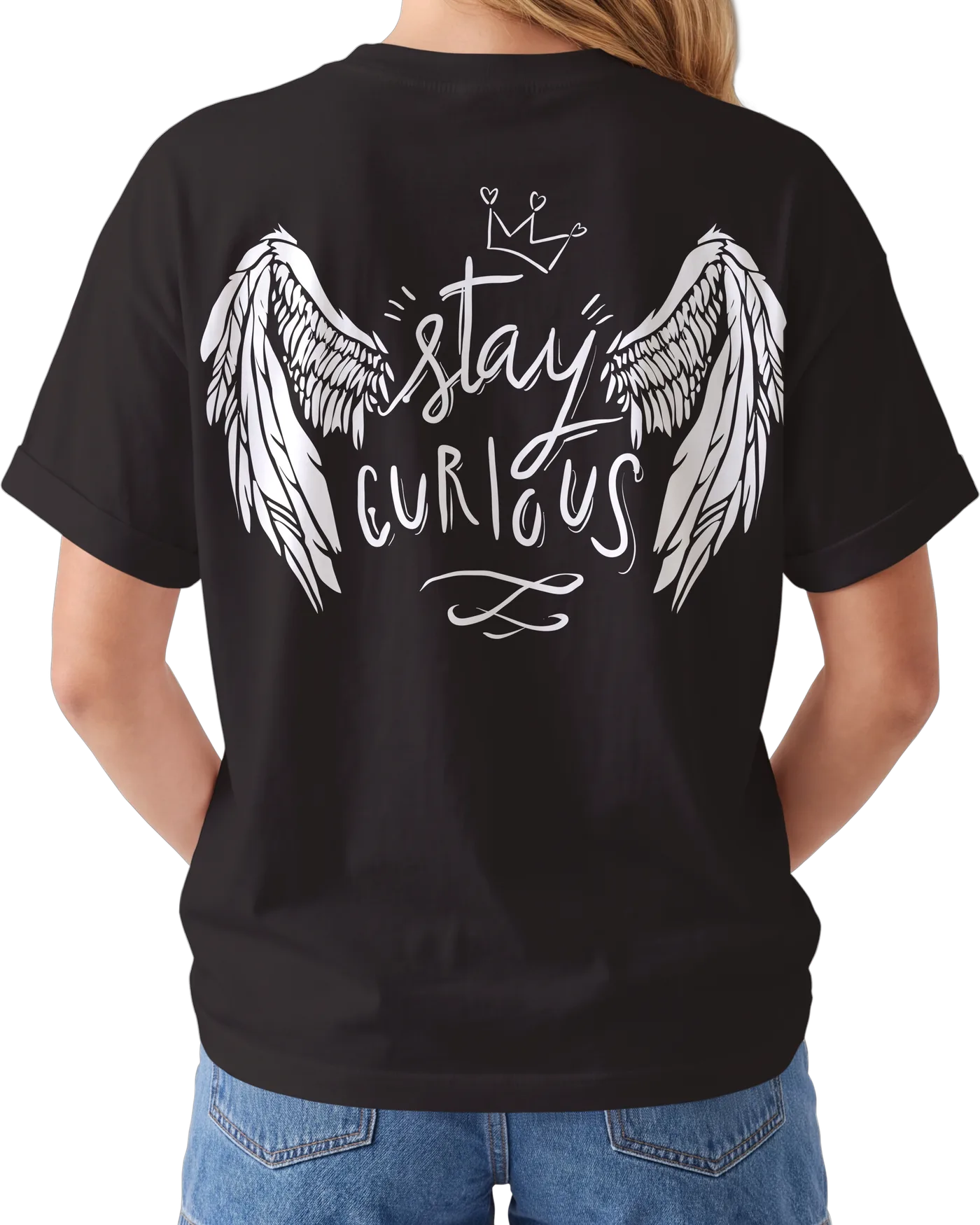 Women's Graphic Print Regular Fit T-Shirt – Backside-Cheers — back print on a black regular t-shirt